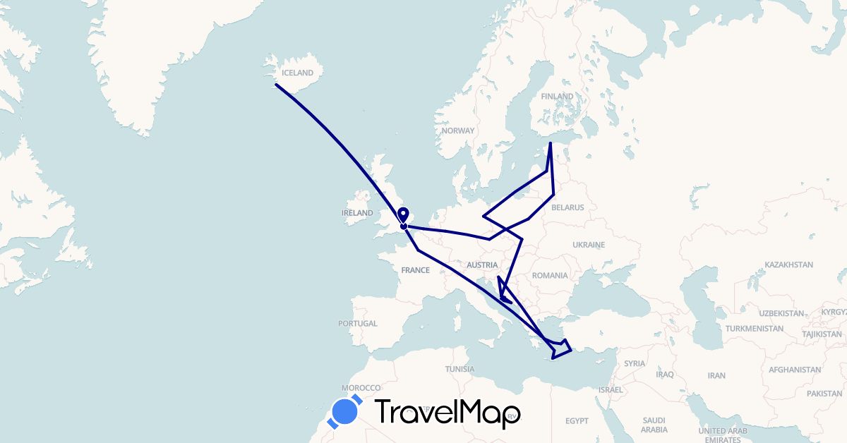 TravelMap itinerary: driving in Belgium, Czech Republic, Germany, Estonia, France, United Kingdom, Greece, Croatia, Iceland, Lithuania, Latvia, Poland, Turkey (Asia, Europe)